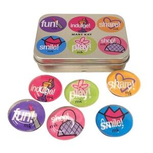 Mary Kay Vintage Glass Dome Magnet Set 6 Piece with Collectible Metal Tin Multi